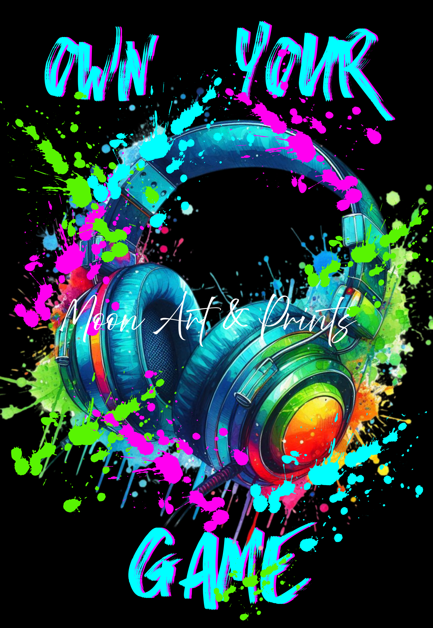 Set of 3 neon gamer wall art prints with bold graffiti style