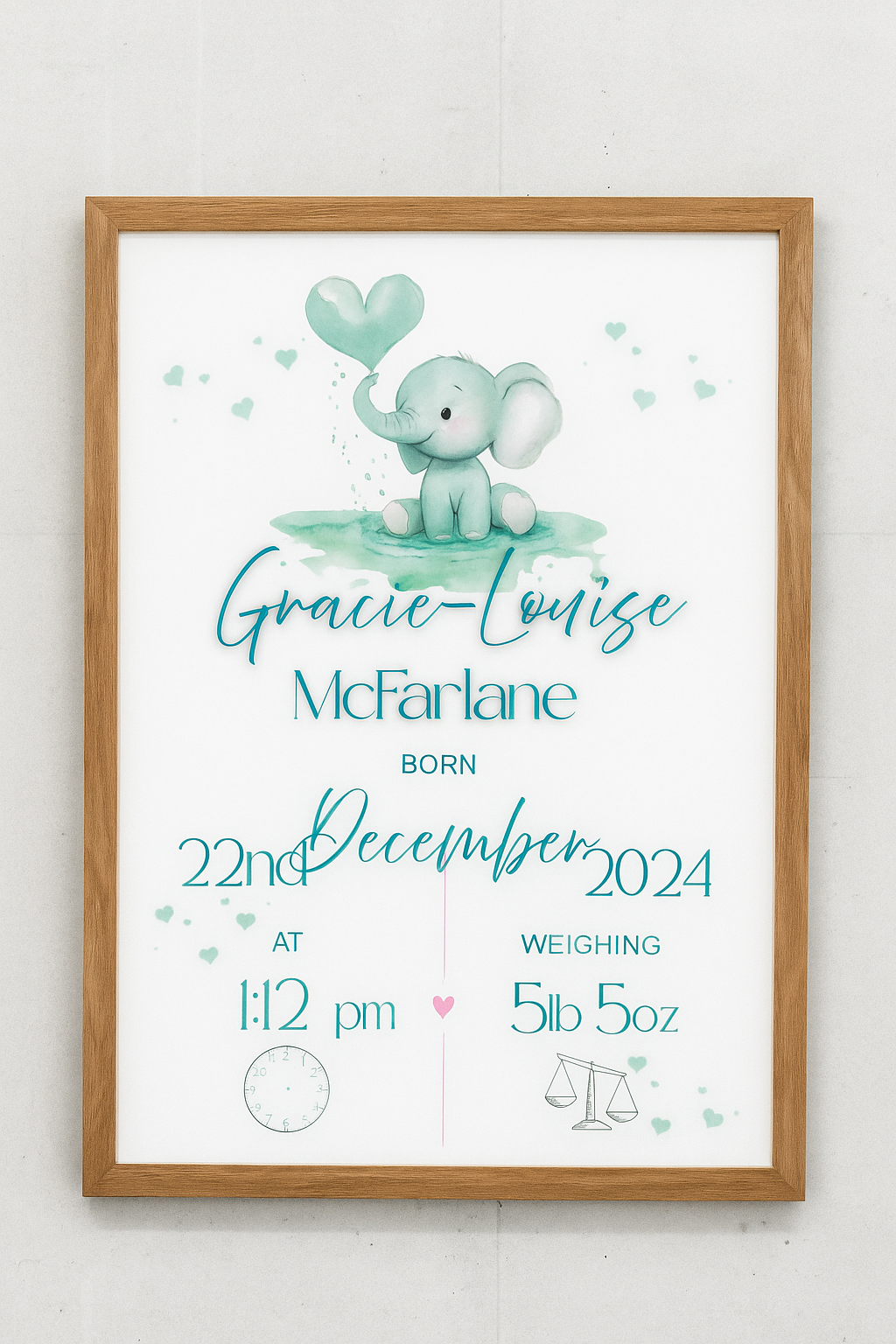 Personalised Baby Birth Print - Elephant Nursery Wall Art