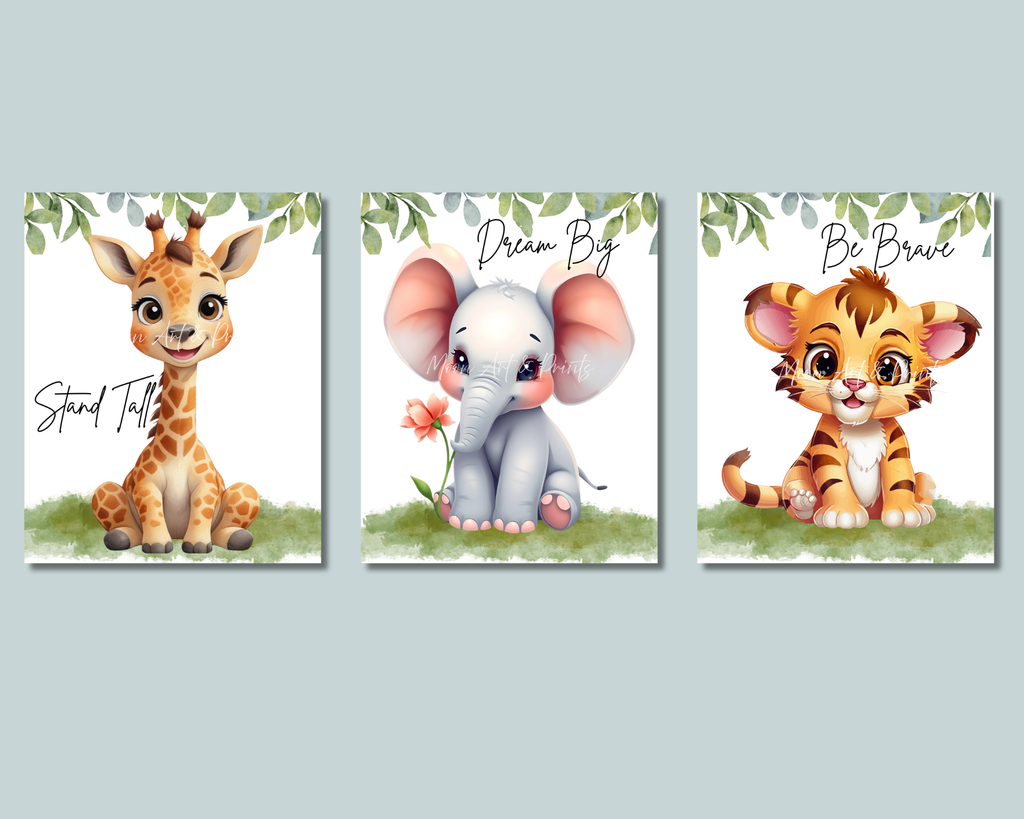 Set of 3 safari animal nursery prints - elephant giraffe lion with inspirational quotes