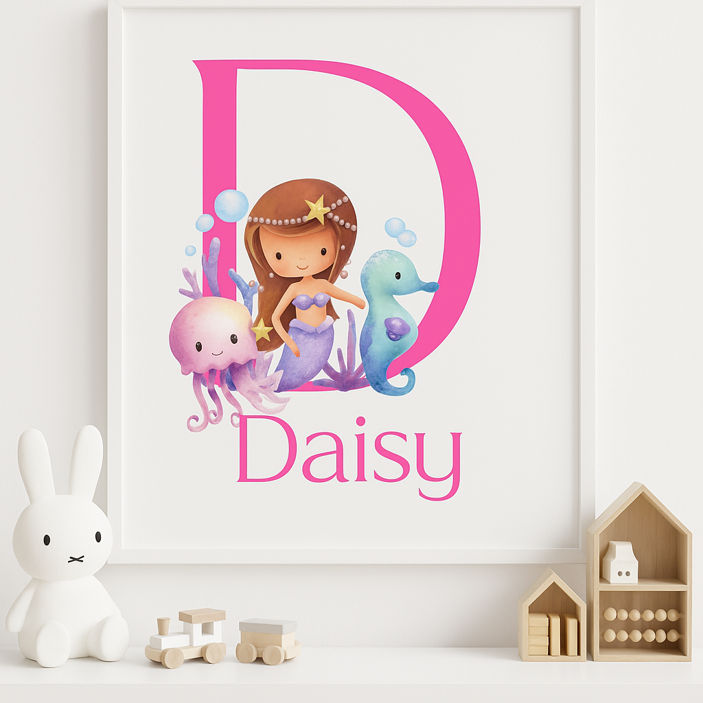 Personalised mermaid nursery print with initial D and name Daisy in pink theme