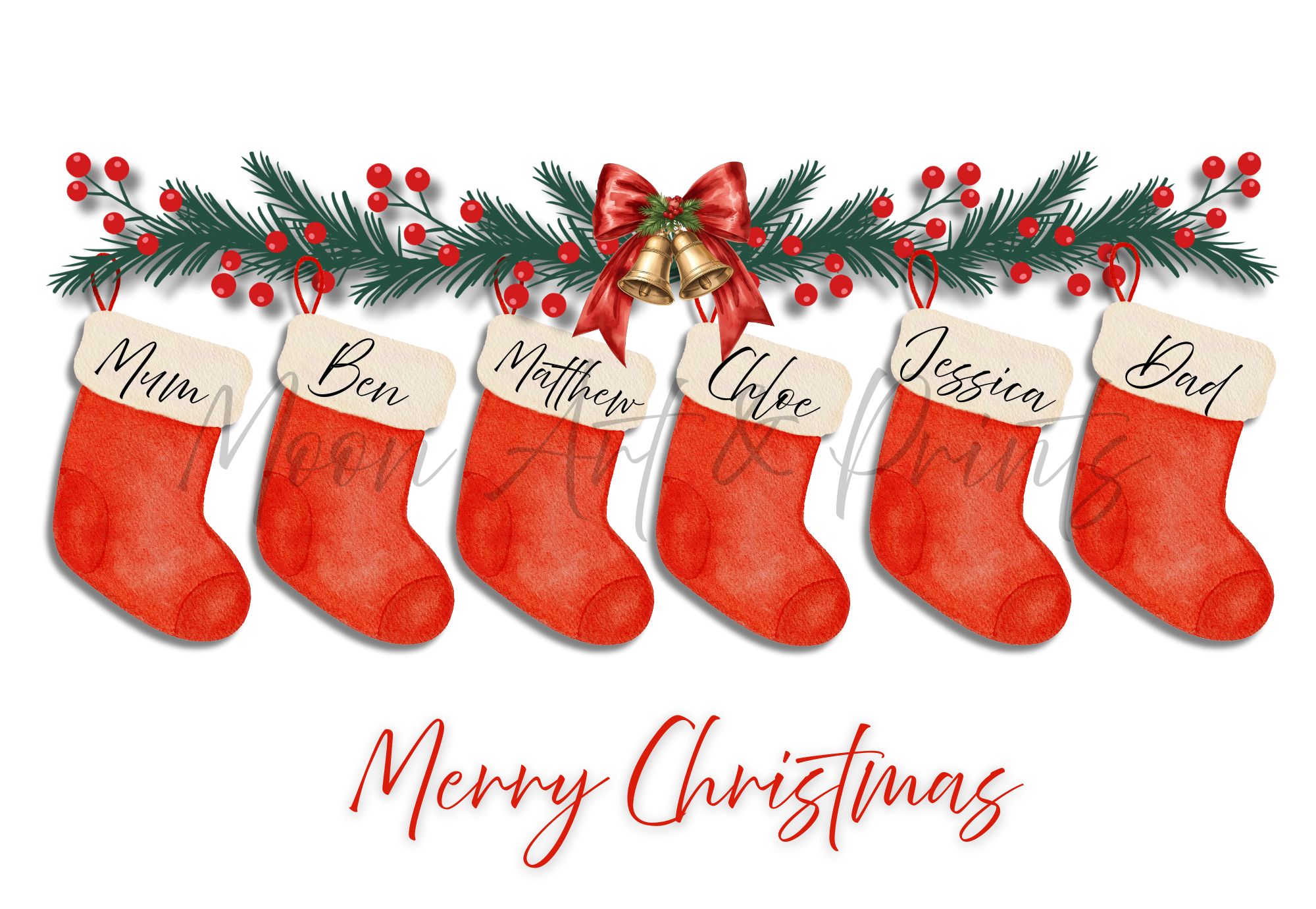 Personalised family Christmas stocking print with custom names on red stockings, festive greenery, red berries, ribbon and gold bells, with ‘Merry Christmas’ text