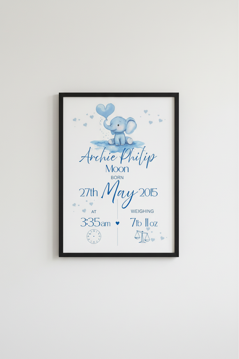 Framed print with baby elephant illustration and personalized text on a white wall
