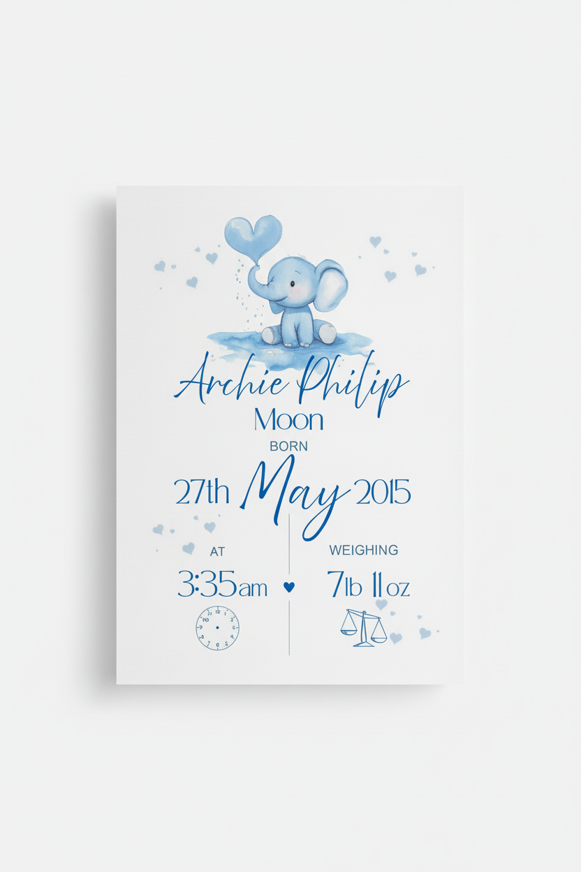 Baby birth print with a blue elephant holding a heart, personalised details, and decorative elements on a white background.
