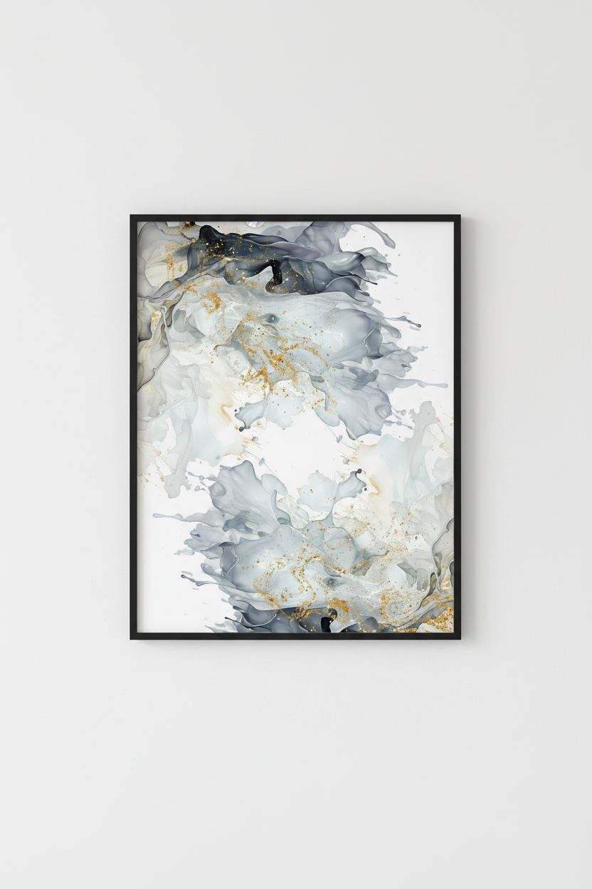 Blue Grey & Gold Abstract Wall Art Print - Luxury Fluid Ink Artwork