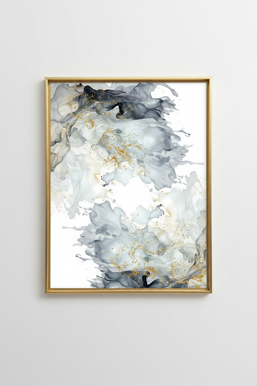 Blue Grey & Gold Abstract Wall Art Print - Luxury Fluid Ink Artwork