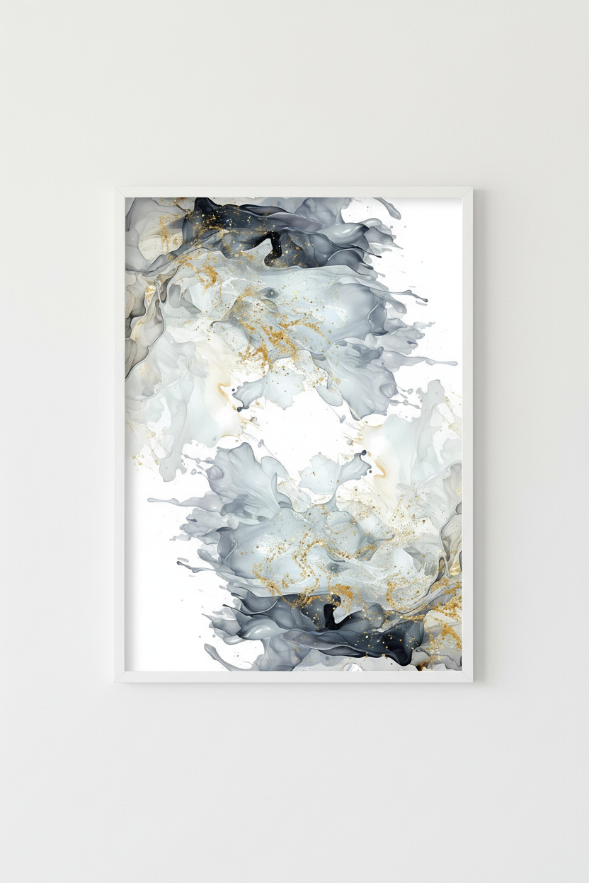 Blue Grey & Gold Abstract Wall Art Print - Luxury Fluid Ink Artwork