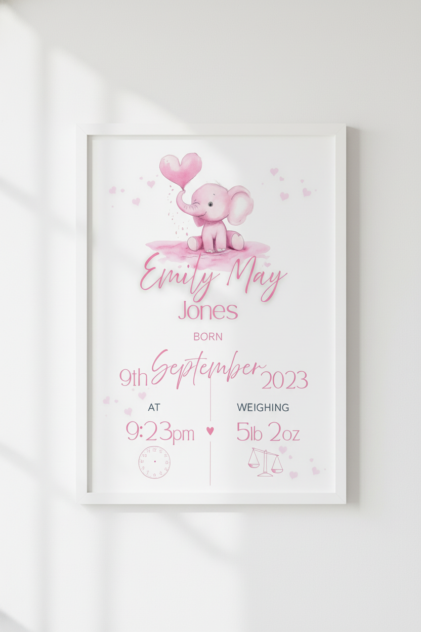 Personalised Baby Birth Print - Elephant Nursery Wall Art