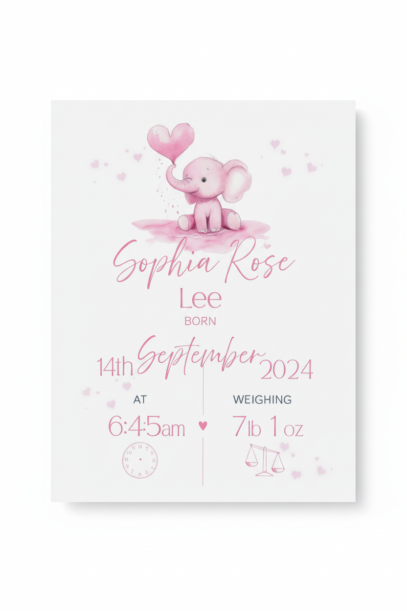 Personalised Baby Birth Print - Elephant Nursery Wall Art
