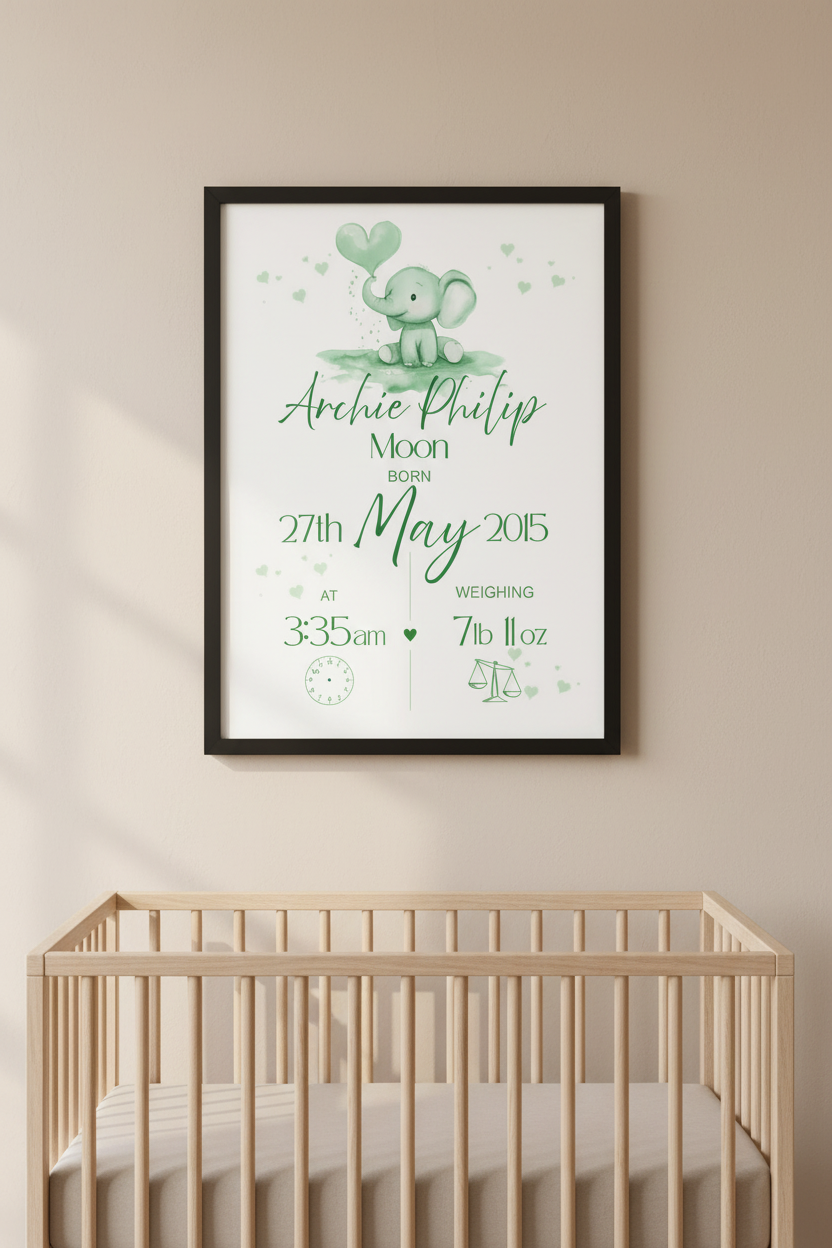 Personalised Baby Birth Print - Elephant Nursery Wall Art
