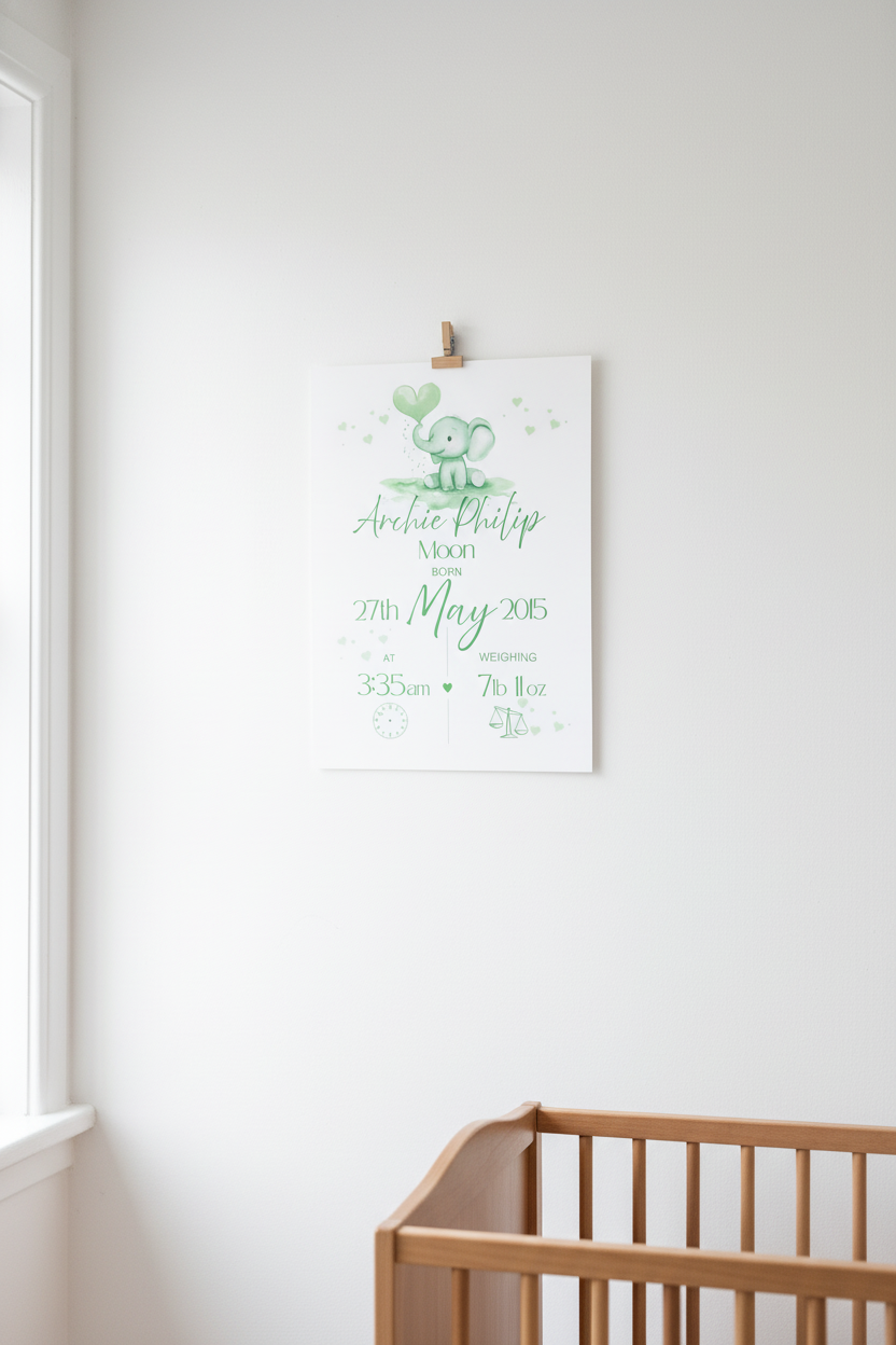 Personalised Baby Birth Print - Elephant Nursery Wall Art