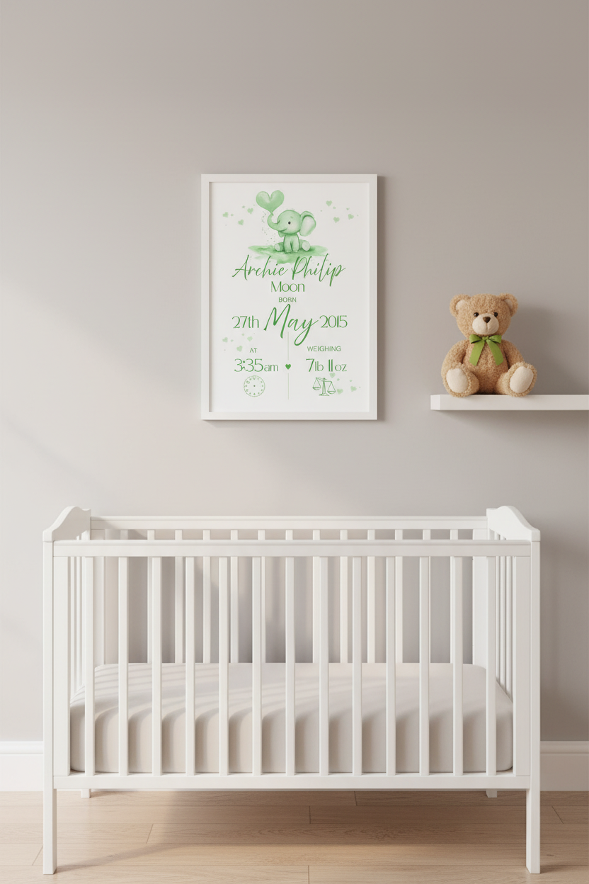 Personalised Baby Birth Print - Elephant Nursery Wall Art