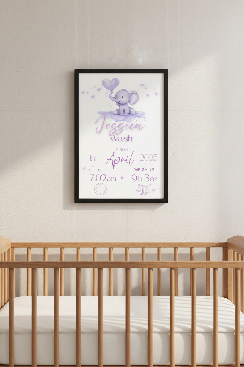 Personalised Baby Birth Print - Elephant Nursery Wall Art
