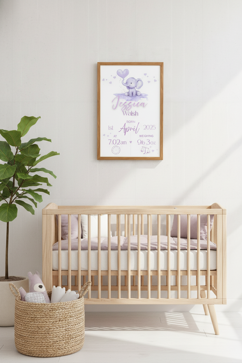 Personalised Baby Birth Print - Elephant Nursery Wall Art