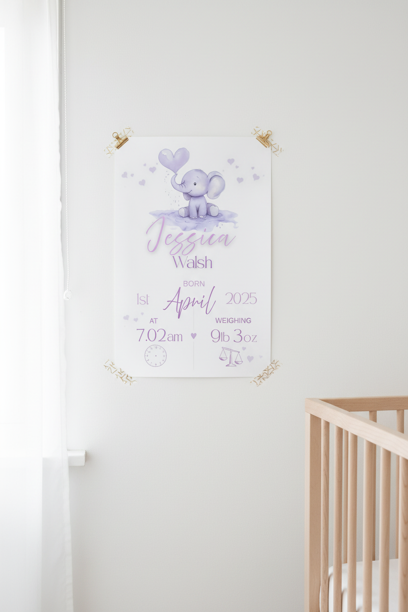 Personalised Baby Birth Print - Elephant Nursery Wall Art
