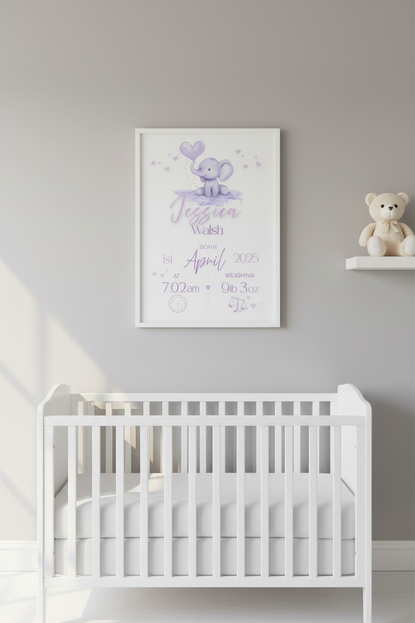 Personalised Baby Birth Print - Elephant Nursery Wall Art