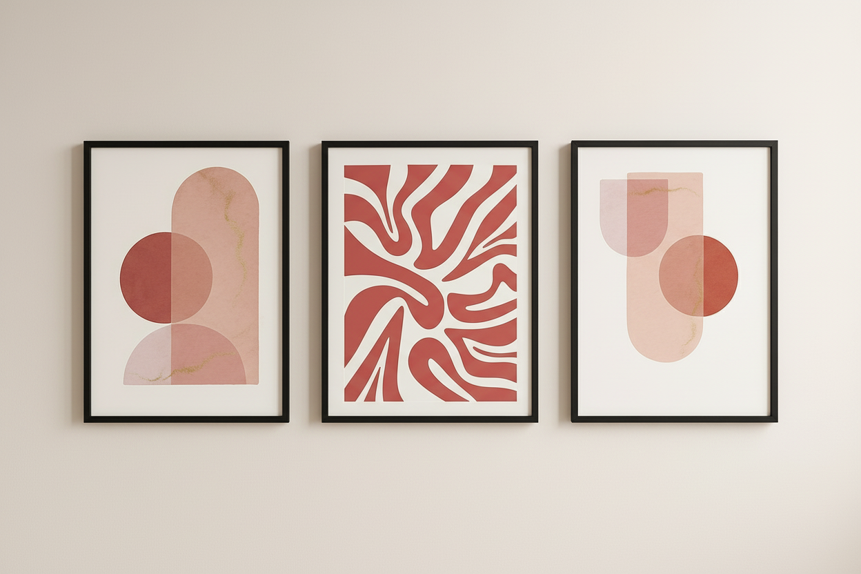 Set of 3 Abstract Pink Wall Art Prints - Modern Minimalist Geometric Art