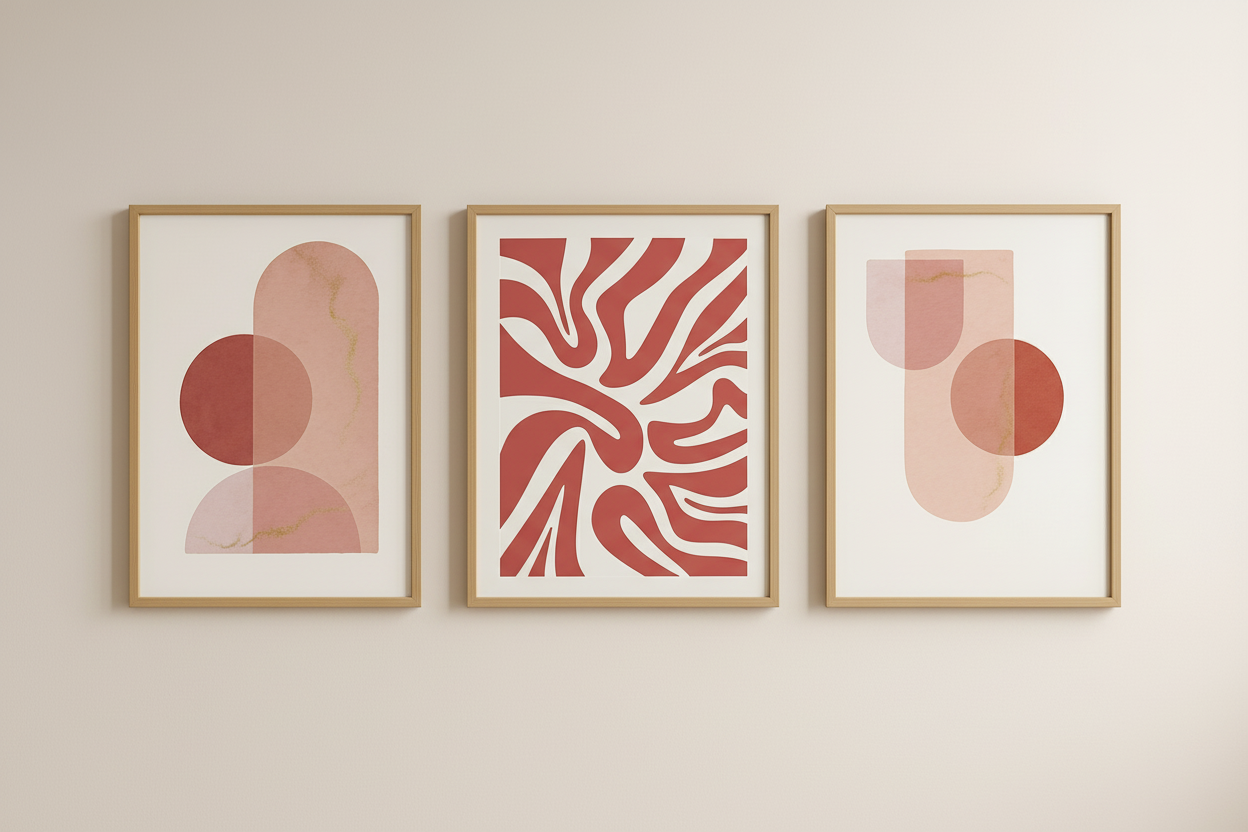 Set of 3 Abstract Pink Wall Art Prints - Modern Minimalist Geometric Art