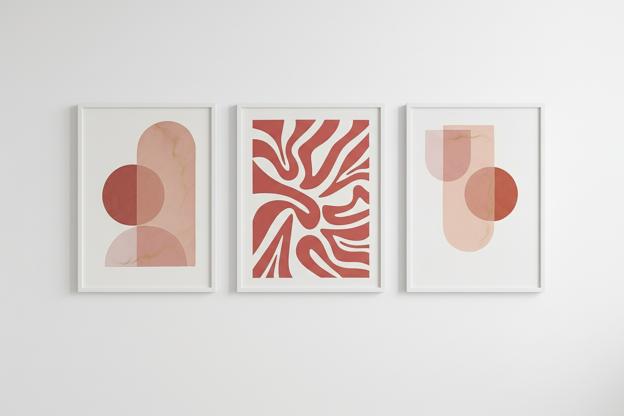 Set of 3 Abstract Pink Wall Art Prints - Modern Minimalist Geometric Art