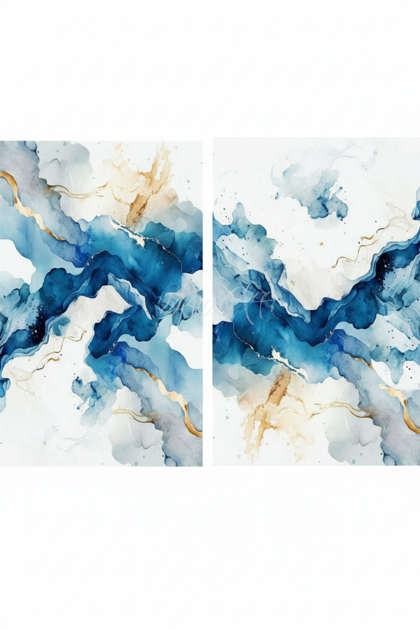 Two blue gold abstract prints side by side unframed